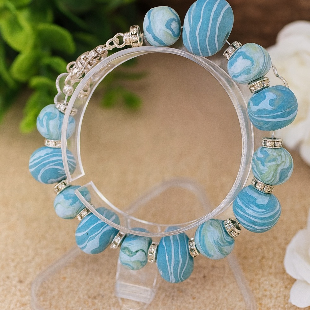 One-of-a-Kind Handmade Sky Blue Marbled Polymer Clay Bracelet - Picture 8 of 16